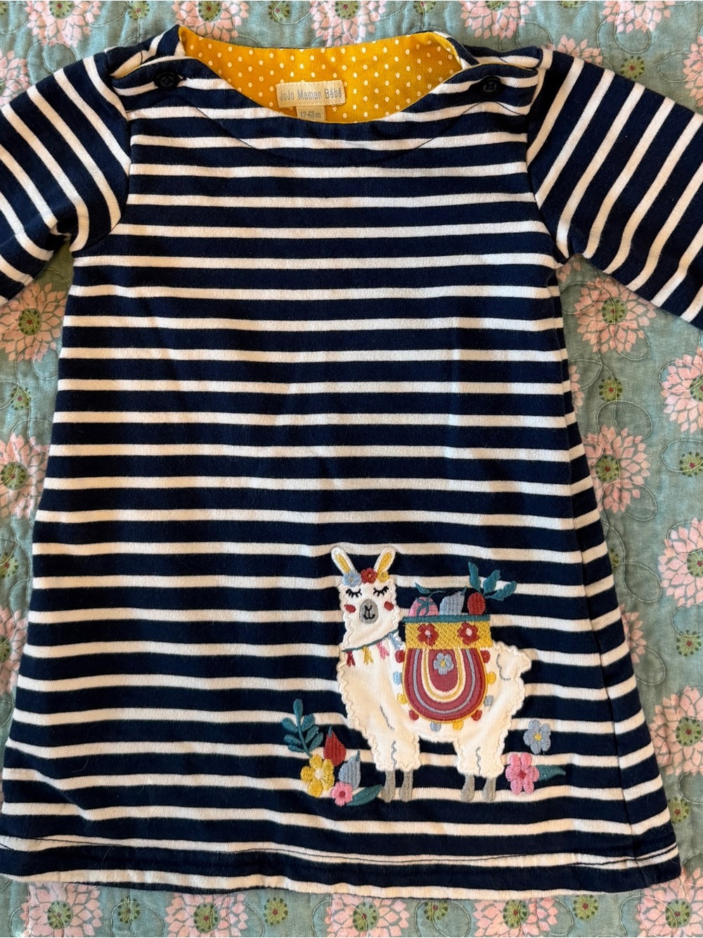 JoJo Maman Bebe Navy & White Striped Dress with Colorful Llama Appliqué